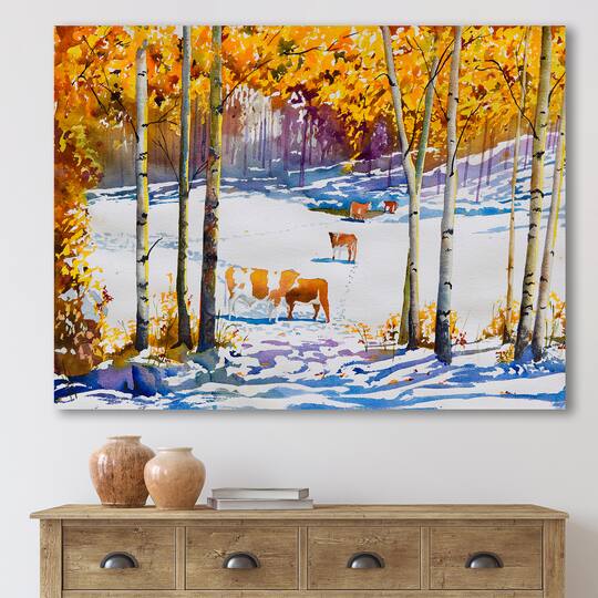 Designart - Cattle In The Early Snow In The Forest